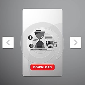 Hourglass, management, money, time, coins Glyph Icon in Carousal Pagination Slider Design & Red Download Button