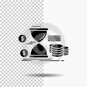 Hourglass, management, money, time, coins Glyph Icon on Transparent Background. Black Icon