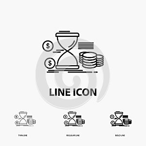 Hourglass, management, money, time, coins Icon in Thin, Regular and Bold Line Style. Vector illustration
