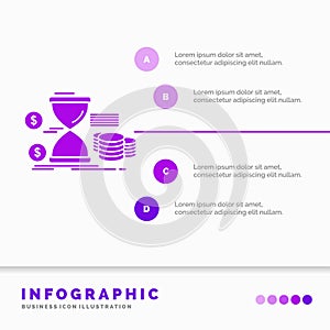 Hourglass, management, money, time, coins Infographics Template for Website and Presentation. GLyph Purple icon infographic style