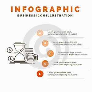 Hourglass, management, money, time, coins Infographics Template for Website and Presentation. Line Gray icon with Orange