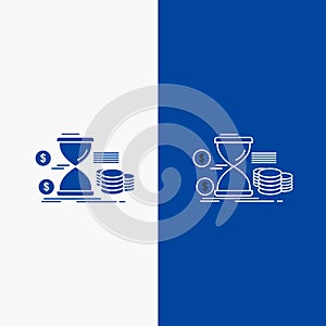 Hourglass, management, money, time, coins Line and Glyph web Button in Blue color Vertical Banner for UI and UX, website or mobile
