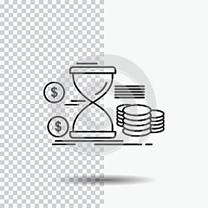 Hourglass, management, money, time, coins Line Icon on Transparent Background. Black Icon Vector Illustration