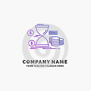 Hourglass, management, money, time, coins Purple Business Logo Template. Place for Tagline