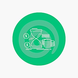 Hourglass, management, money, time, coins White Line Icon in Circle background. vector icon illustration
