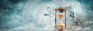 Hourglass measuring time while dissolving into smoke and clouds