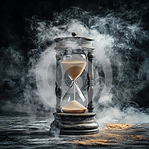 Hourglass measuring time while dissolving into smoke and clouds