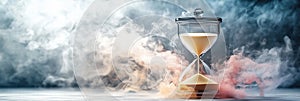 Hourglass measuring time while dissolving into smoke and clouds