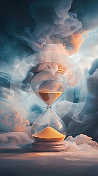 Hourglass measuring time while dissolving into smoke and clouds