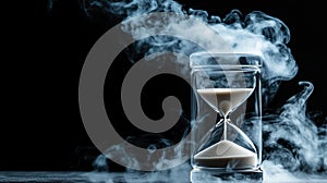 Hourglass measuring time while dissolving into smoke and clouds