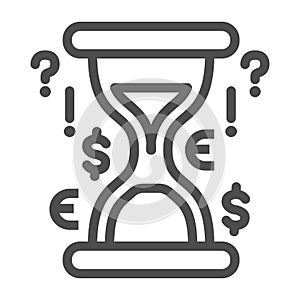 Hourglass with money signs line icon, investment strategy concept, sandglass with questions and currencies sign on white