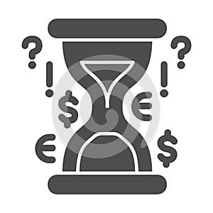 Hourglass with money signs solid icon, investment strategy concept, sandglass with questions and currencies sign on