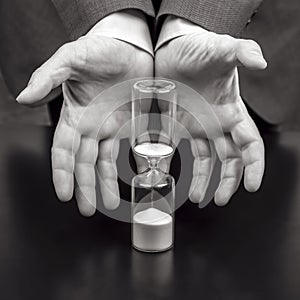 Hourglass next to the hands of a business man. business time. success goals planning