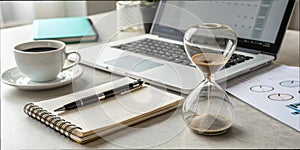 Hourglass on office desk, time management and productivity