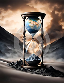 Hourglass with the planet Earth flowing and becoming dust