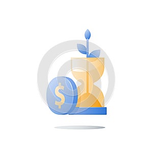 Hourglass and plant stem, wealth growth, time is money, financial security, future confidence, pension fund, income growth