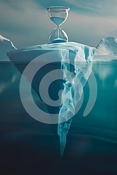 An hourglass rests on an iceberg in the azure waters of the ocean. Global warming, ecology problem concept