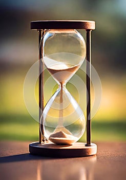 An hourglass or sand clock on a wooden table, blurred background. Running out of time.