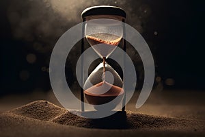 Hourglass on sand with dark background with shine and light, time passing concept, generative AI