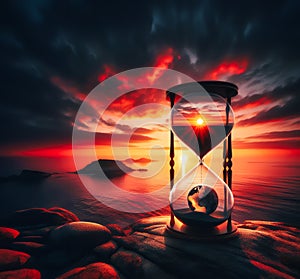 hourglass, sand moving slowly in top of the world, out of time concept, red sunset at the shore of the ocean