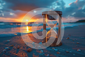 an hourglass is sitting on the beach at sunset