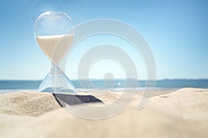 Hourglass time on a beach in the sand