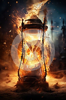 hourglass time concept. deadline, the end. ending time. ending in flames and fire. fantasy surreal. embers and ashes.