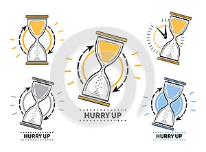 Hourglass timer vector icon set. Sand glass clock sign. Hurry up. Countdown, deadline, time management and reminder about sale.