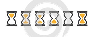 Hourglass various icons for animation frames. Gray sandglass, sandclock, countdown and process timer collection on white