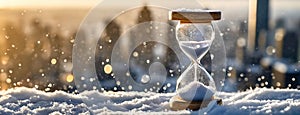 Hourglass in winter snow background. Concept of approaching Christmas and New Year holidays. Symbol of changing of the