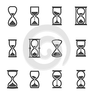 Hourglasses, ancient horologe, vintage clocks glyph icons set