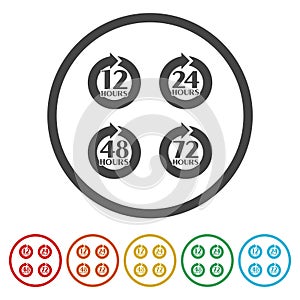 12, 24, 48 and 72 hours clock arrow icon. Set icons in color circle buttons