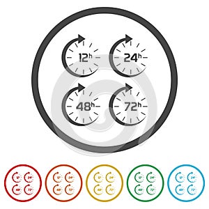 12, 24, 48 and 72 hours clock arrow icon set. Set icons in color circle buttons