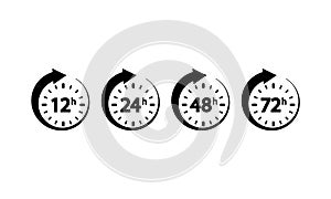 12, 24, 72, 48 hours clock icon set on an isolated white background. EPS 10 vector