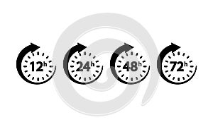 12, 24, 72, 48 hours clock icon set on an isolated white background. EPS 10 vector