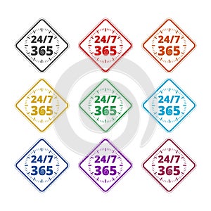 24 7 hours and 365 days color icon set isolated on white background