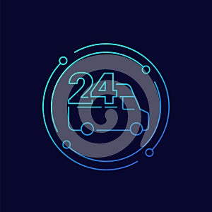 24 hours delivery icon with a van, linear design