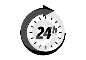 24 hours icon, vector clock open time service, delivery, 7 days a week and 24 hr clock arrow sign