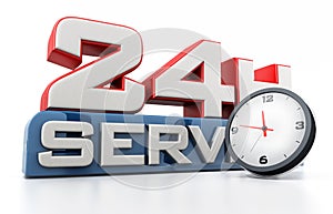 24 hours open text and clock isolated on white background. 3D illustration