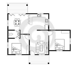 House with 2 bedroom layout plan. Complete with kitchen, bathroom, living room and dining area.