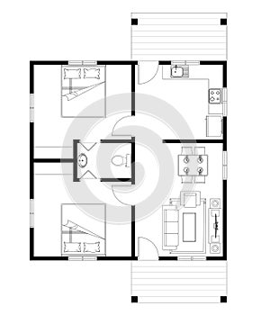 House with 2 bedroom layout plan. Complete with kitchen, bathroom, living room and dining area.