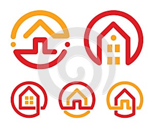 House abstract logos set. Red and yellow unusual linear real estate agency icons collection. Realtor logo. Home icon.