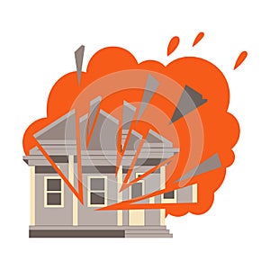 House Afire Damaged and Ruined from Bomb Explosion Vector Illustration