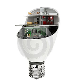 House appliances and furniture in a LED light bulb. Ecology life concept
