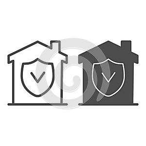House with approved protection line and solid icon, smart home concept, checked building security vector sign on white