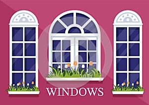 House Architecture with Set of Doors and Windows Various Shapes, Colors and Sizes in Template Hand Drawn Cartoon Flat Illustration