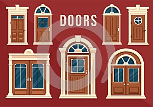 House Architecture with Set of Doors and Windows Various Shapes, Colors and Sizes in Template Hand Drawn Cartoon Flat Illustration