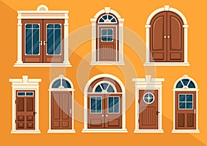 House Architecture with Set of Doors and Windows Various Shapes, Colors and Sizes in Template Hand Drawn Cartoon Flat Illustration