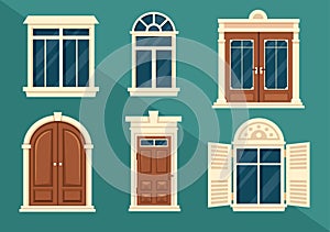 House Architecture with Set of Doors and Windows Various Shapes, Colors and Sizes in Template Hand Drawn Cartoon Flat Illustration