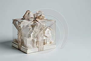 House as a gift. House architectural model in a gift box with a bow. Buying a new home, inherit real estate. Mortgage and home